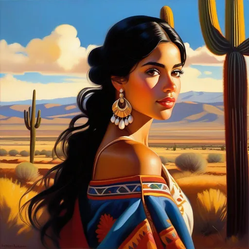 Prompt: Hispano girl, light skin, black hair, dark brown eyes, in New Mexico, cartoony, sunny atmosphere, extremely detailed painting by Greg Rutkowski and by Henry Justice Ford and by Steve Henderson