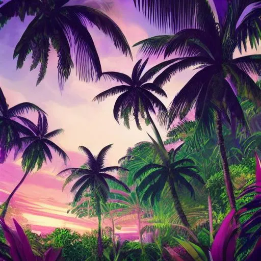 Prompt: a tropical resort in a jungle paradise, with a beautiful pink and purple sunset, dynamic lighting, photorealistic fantasy concept art, trending on art station, stunning visuals, creative, cinematic, ultra detailed, ray tracing, sun rays, mysterious, wonderous waters, amazing detail palm trees breath taking 