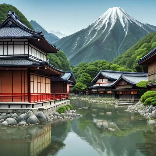 Prompt: Japanese village with mountains and surrounded by nature, rivers or sea, with animals