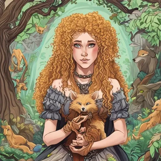 Prompt: mistress of the forest, girl with blonde hair, curly hair, queen of animals