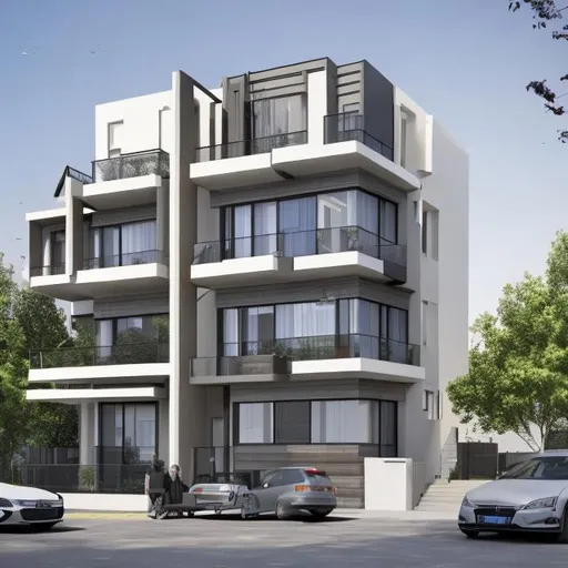 Prompt: The design features a 4-unit duplex building.Two units on the ground floor & First floor and other two units on the  3rd floor & 4th floor. Staircase connecting all floors middle of all unit houses.Four Cars parking spaces 