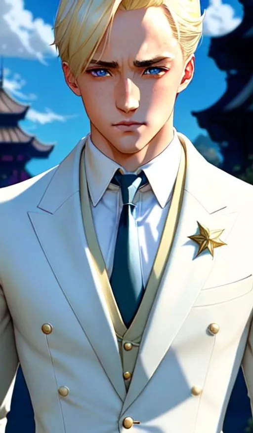 Prompt: scenic jrpg character concept full body from head to feet (young man, Draco Malfoy), (light skin, blonde hair, blue suit) symmetrical face, accurate anatomy delicate, soft lighting, Summer, deep colors, cinematic, poster art, bokeh | by Bagshaw, Chevrier, Ferri, Kaluta, Minguez, Mucha | blank ackground