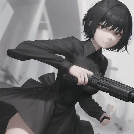 girl in black dress with short hairs with a gun in h... | OpenArt