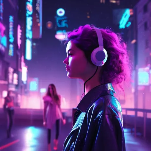 Prompt: a model using ear phones and walking in a big night city digital art 80s night wave
