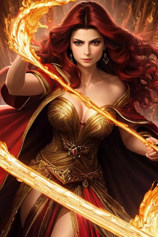 Prompt: UHD, hd , 8k,  oil painting, hyper realism,  Very detailed, character zoomed out view, face is visible , full body of character in view, Morena Baccarin as sorceress with long red hair and red eyes, she wears red robes and is holding a golden metal staff in her right hand, she is summoning fire down from the sky by Ilya Kuvshinov 