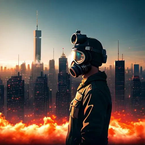 Prompt: a man wearing a gas mask and a gas mask on his head in front of a city skyline with smoke, by Mike Winkelmann (Beeple)