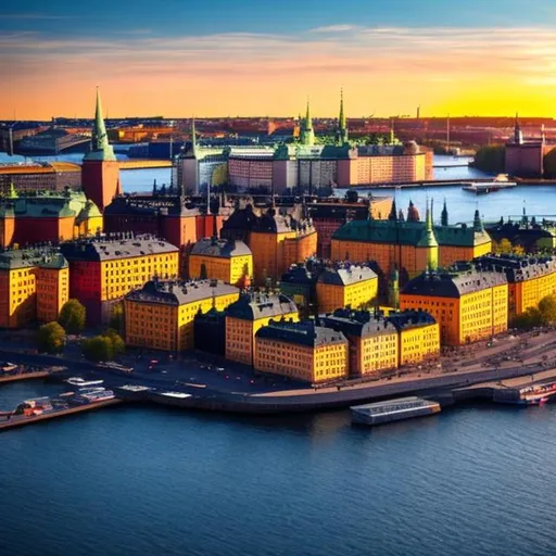 Prompt: A picture of Stockholm with the sunrise in the Background