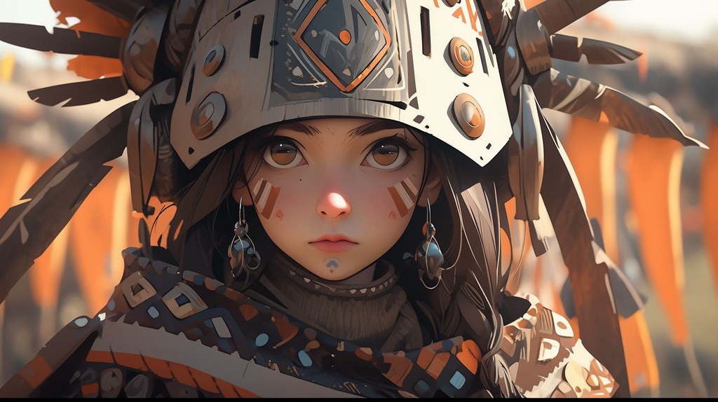 Prompt: the portraits of a girl wearing an elven look while wearing armor and a helmet, in the style of idealized native americans, stark visuals, youthful protagonists