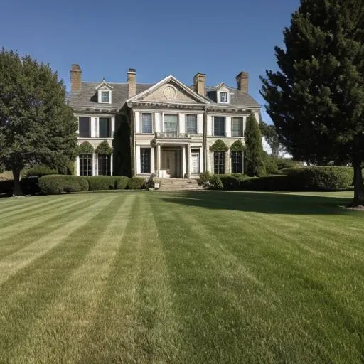 Prompt: a mansion, with great ground on all sides. good condition. good ventilation, a few trees, lawn chairs, beautiful
