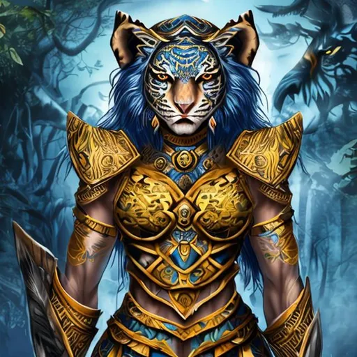 Prompt: A blue tigress warrior with yellow eyes  wearing a dress