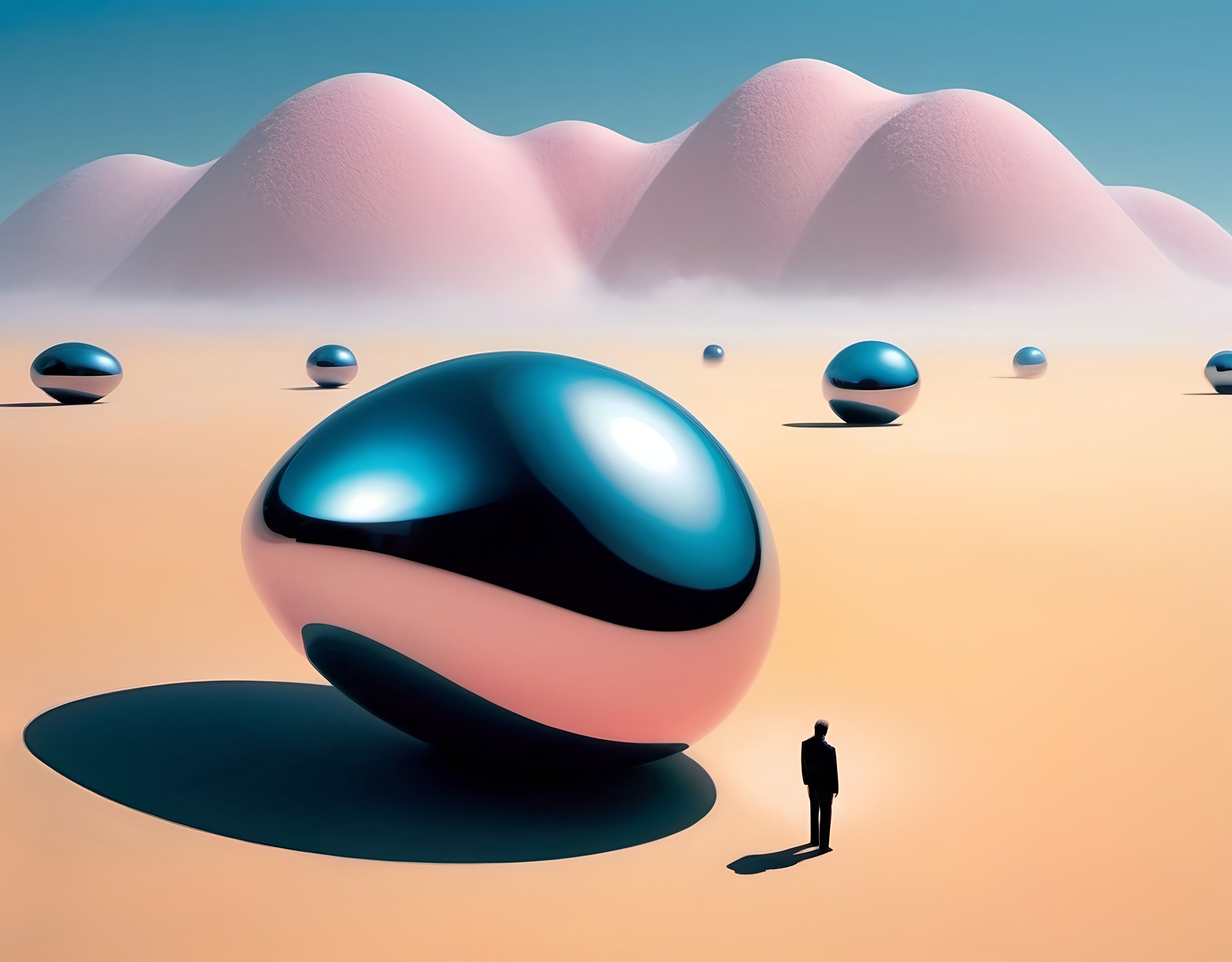 Prompt: a man standing in front of a large blue ball in the desert with mountains in the background and a sky filled with clouds, computer graphics