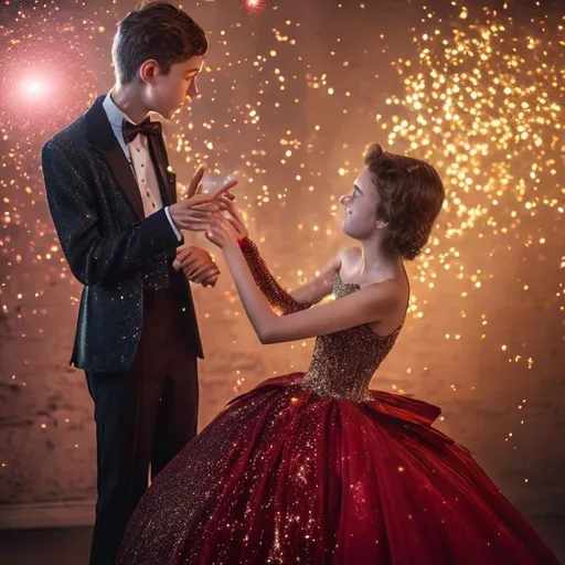 Prompt: 16 year old boy in a tuxedo pointing his magic wand at jar as the 16 year old girl is amazed as a big red super puffy and sparkly ball gown appears on her as gold sparkly magic flys all around her