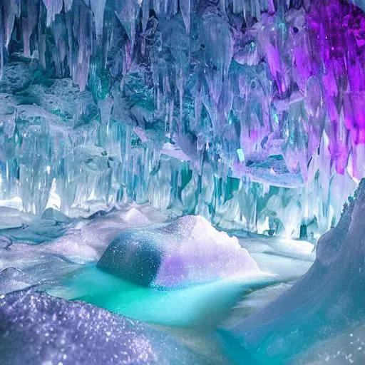 Prompt: crystal cavern with glaciers on the top dripping water, few crystals are colered pastel colours, transparent water, northern lights in the night sky, water colours, snow on the ground, some crystals on the ground