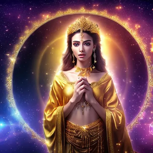 Prompt: HD 4k 3D 8k professional modeling photo hyper realistic beautiful leader woman ethereal greek goddess of falling stars
gold hair hazel eyes gorgeous face brown skin shimmering gold robes with gems jewelry and star tiara full body surrounded by magical glowing starlight hd landscape background falling stars in a temple