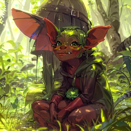 Prompt: A Goblin Child, sitting in a forest, grayish-green skin, surrounded by various insects, dressed in ragged clothes, with a large grub sitting in their lap