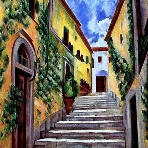 Prompt: Old Italian renaissance town, stairs, walls, streets, vines, bricks done in Cezanne style