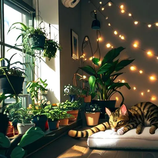 Prompt: a cat laying down in an apartment with lots of plants and string light