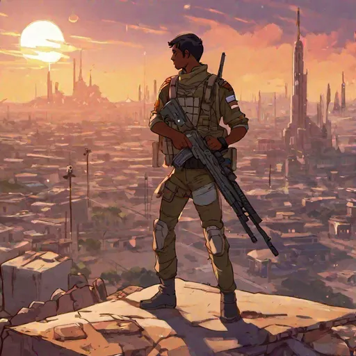 Prompt: A male scifi indian soldier. He helds a rifle. Scifi soldiers. XX century uniform. in background a destroyed city. RPG art. Fading suns art. Scifi art. anime art. studio trigger art. 2d. 2d art.