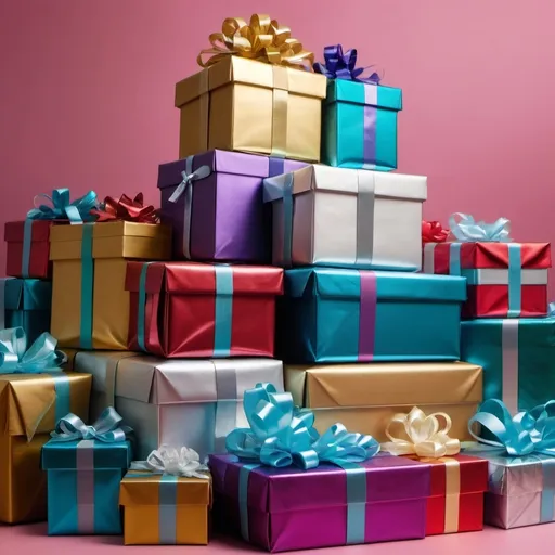 Prompt: Boxes stacked in a High Pile of shiny presents One on top of another, different colors, ribbons and metallic paper