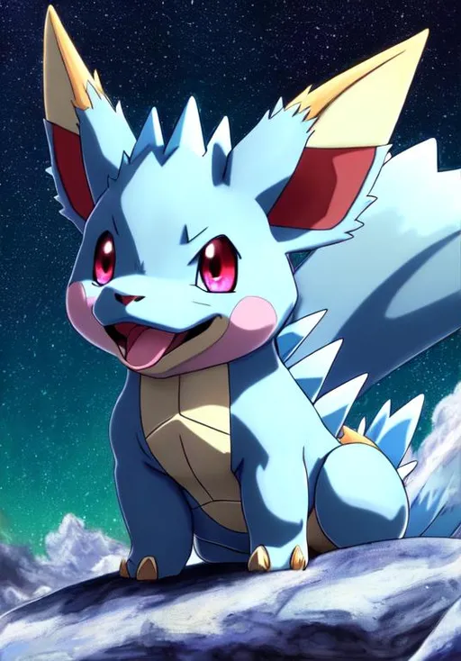 Prompt: UHD, , 8k,  oil painting, Anime,  Very detailed, zoomed out view of character, HD, High Quality, Anime, , Pokemon, Nidorina is a quadrupedal, sky-blue mammalian Pokémon with dark-blue patches. It has red eyes, large, spiny ears, and has two pointed teeth protruding from its upper jaw. It possesses large poison spikes, which it retracts whenever it is with a group, feeding its children, or while resting in its burrow. Its paws have three claws each, and it is able to stand on its hind legs. The hind legs are longer and thicker than its forelegs. It has a stubby tail. Nidorina is a female-only species.

Nidorina is a gentle Pokémon, and it is known to be a caring mother that chews food for its young. It seems to display close family bonds with others of its kind, and becomes nervous when separated. Nidorina prefers not to fight since its horn grows slowly, but if forced or enraged, it prefers physical attacks such as clawing and biting. Nidorina prefers to chew its food into a paste before spitting it out and feeding its children. It also emits ultrasonic cries to befuddle foes. Nidorina live in burrows at hot savannas and plains.
Pokémon by Frank Frazetta