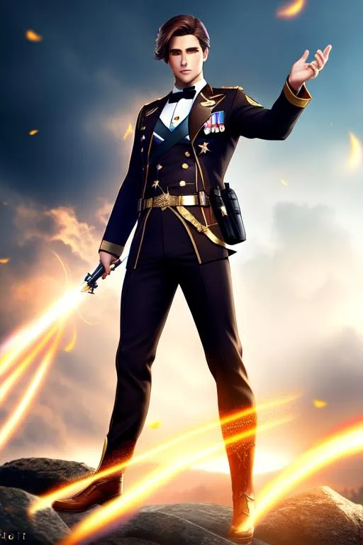 Prompt: Brown Hair Attractive male Character with Air Magic,Scott, Elegant, Romantic, HDR, full body, High Definition, cinematic,  dynamic light,Army