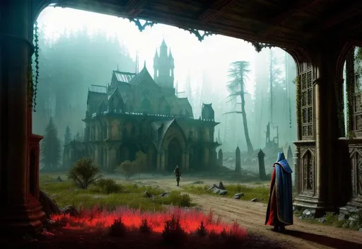 Prompt: wandering nomad wizard,multilayred outfit, cloak and cape, intricate detail,  pretty, correct face, beautiful model, show old apocalyptic city wasteland overgrown by oppressive huge forest, vines, plants and roots growing, cracking through walls, 3d render,  high detail, 