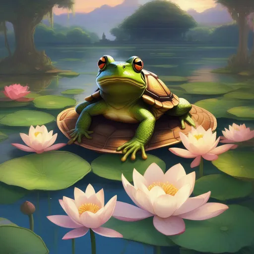 Prompt: detailed, a fusion between a frog and a turtle, sitting in a lotus flower, asian savannah background, RPG art, 2D art, 2D, majestic