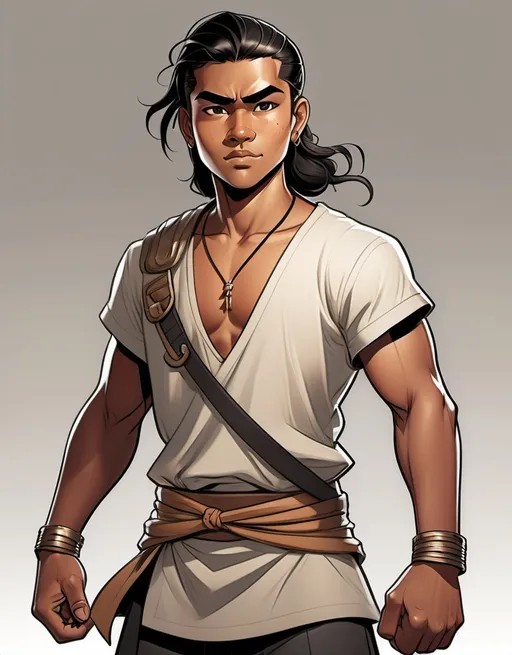 Prompt: (A full-body)++ character illustration of Kuya, an 18-year-old Maharlika warrior, depicted in a dynamic comic book style. He has brown skin, a lean build, and a confident, cheerful expression. His black, shoulder-length hair is tied back, with a few loose strands framing his handsome features.
He wears sturdy, dark cloth pants tucked into wrapped leather boots, and a red vest in the style of a filipino maharlika warrior