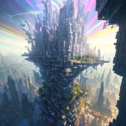 Prompt: An upside-down cityscape with gravity-defying buildings suspended in the sky, interconnected by winding staircases and bridges made of rainbows, Surreal landscape of a mountain range made of giant crystals, reflecting rainbow hues, crystaline, shimmering, otherworldly, fantasy, digital painting, art by Craig Mullins and Radoslav Zilinsky and Jonas De Ro.