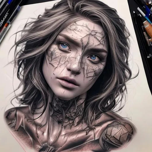 Prompt: (masterpiece) (hyper realistic) (8K) (detailed photography) instagram able, centered, extremely detailed face, extremely detailed eyes, extremely detailed clothes, an artist, show me a woman draw style, tattoo art, clear face, crystal clear eyes, canvas.