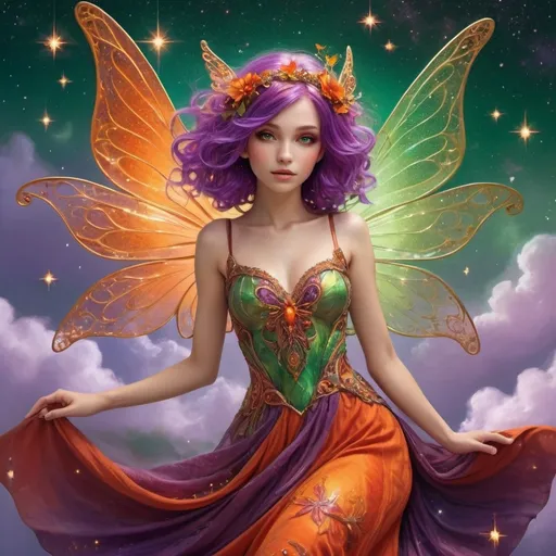 Prompt: A fairy of gravity with purple hair, brown eyes, red & orange outfit and green wings