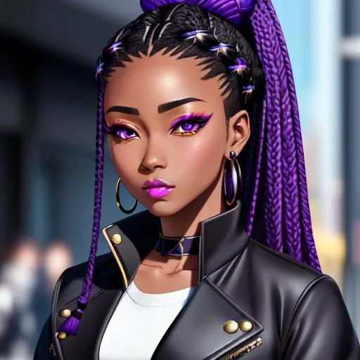 Prompt: genshin impact art style, (beautiful face) anime, matte skin , dark-skinned anime girl,(hyperdetailed black box braids), ((hyperdetailed realistic black jacket with purple purse)), (((hyperdetailed realistic eyes))), iPhone 14 pro max, matte, hdr, 4k, 8k, UHD, digital art, computer art,