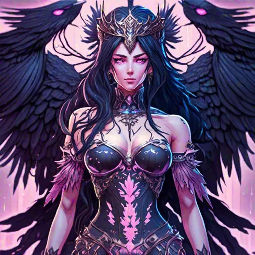 Prompt: highly detailed UHD Full Body View anime goddess Queen of Kings, got raven hair. Dark as night icy eyes pink color pallet, Nordic detailed fused with Victorian cell shade. showing her six pack abs