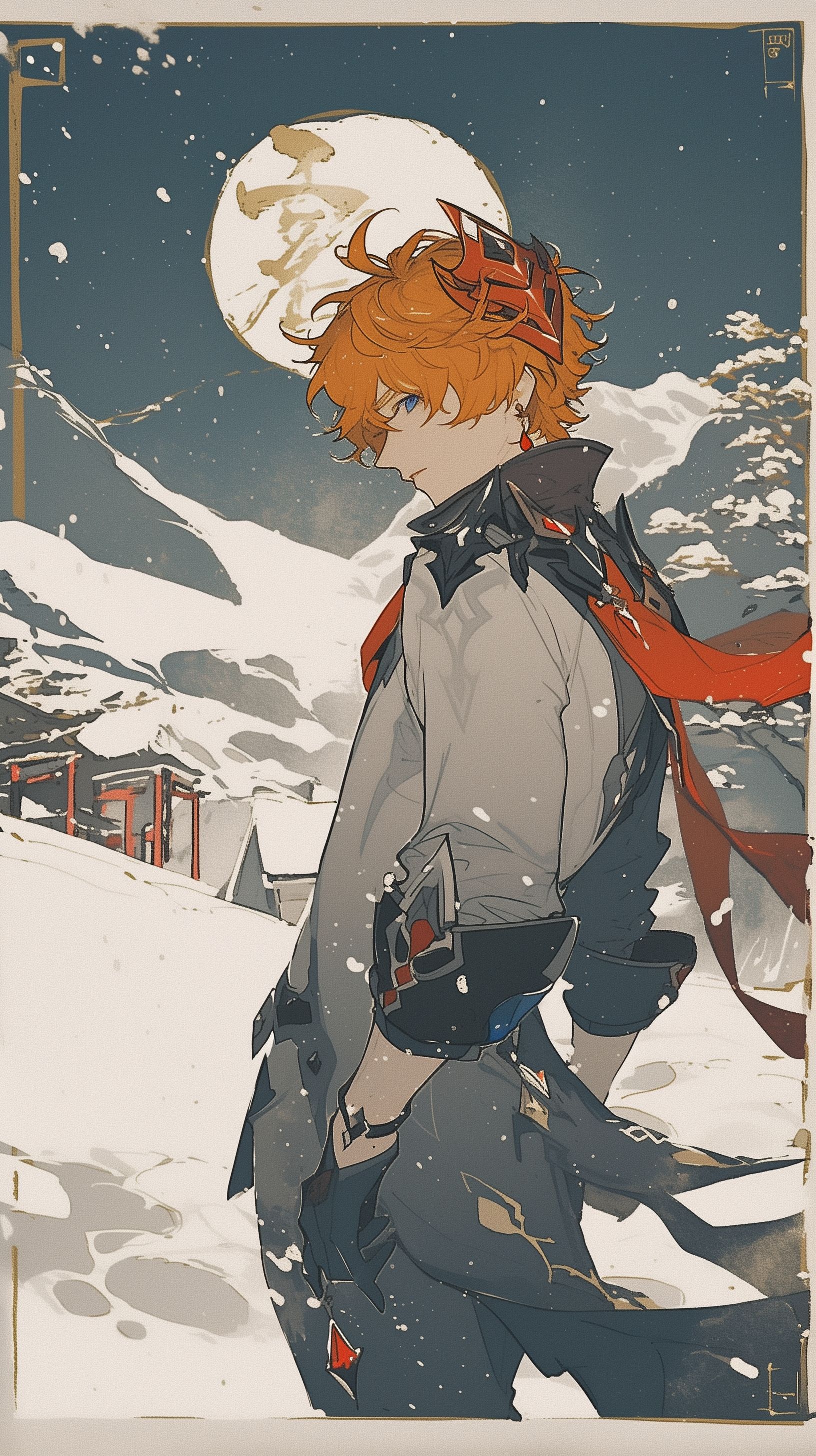 Prompt: Tartaglia from Genshin Impact, fullbody, Short messy ginger hair with Ahoge that falls between the eyes, dark blue eyes, red diamond earing on right side, aged japanese vintage woodblock print style, dynamic pose, dynamic snowy mountianside, thick white border --ar 9:16 --niji 6