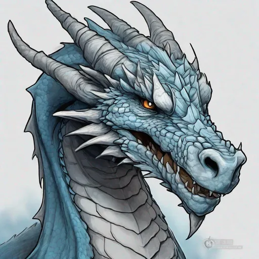 Prompt: Concept design of a dragon. Dragon head portrait. Coloring in the dragon is predominantly pale blue with subtle black streaks and details present.