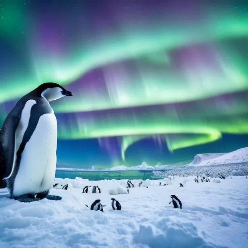 Prompt: Boy exploring the Arctic tundra, sees a family of penguins building a nest in the distance, with Northern Lights overhead, Ultra real, coloring book page