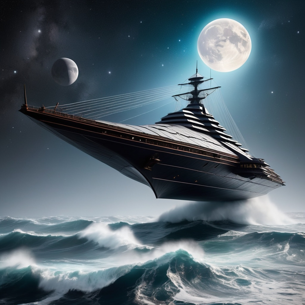 Envision a majestic scene where the timeless and the futuristic collide an ancient sailing ship it