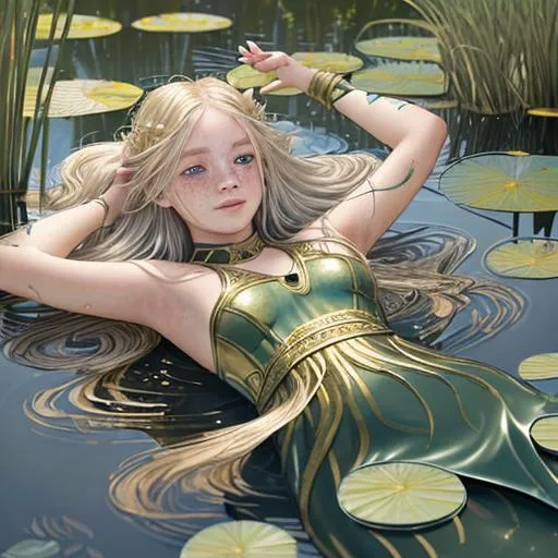 Prompt: A young girl with long, flowing gold hair is laying in reeds and surrounded by water lilies, UHD, HD colour, freckles, decal, silver, pointy