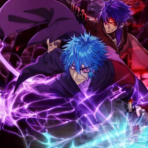 Prompt: Anime guy with blood sword, Cyan hair, singed purple cloak, and burned eyes, fighting the devil,  in a dark alley
