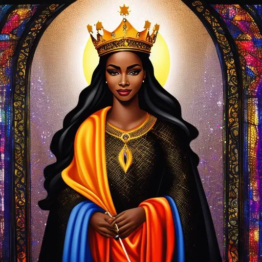 Prompt: black queen of the bible with crown and flowing on artistic spatial background