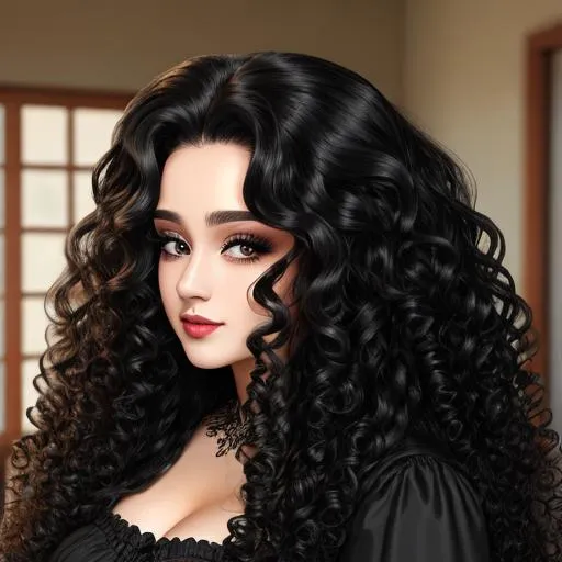 Prompt: A beautiful woman dressed in black, long very curly hair, facial closeup