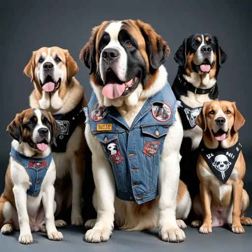 Prompt: st bernard wearing a heavy metal music denim vest with patches in a group of dogs 