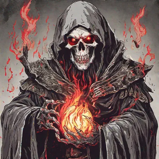 Prompt: Death wizard with Red eyes holding a flaming skull