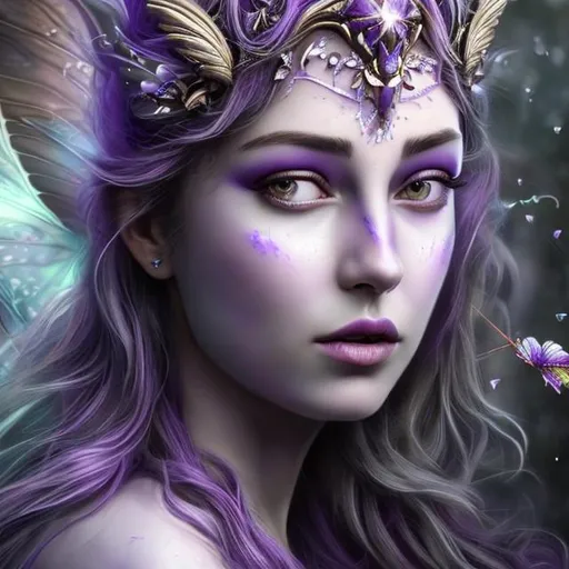 Prompt: Purple goddess of fairies beautiful hyper realistic face features hyper detailed forehead crown