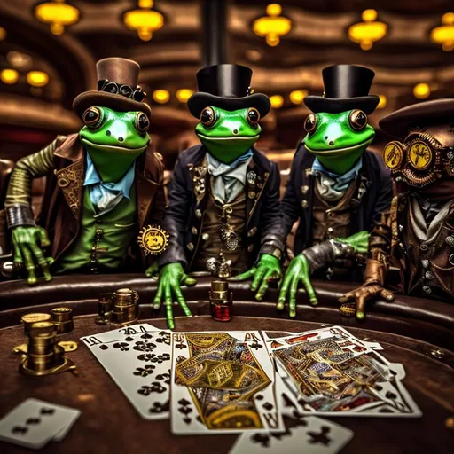 Prompt: Steampunk industrial age frogs playing poker in a casino 8k