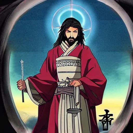 Prompt: Anime Samurai Jesus Christ as depicted in the book of  revaltion coming out of heaven gathering his chosen to ride against the enemy Satan 