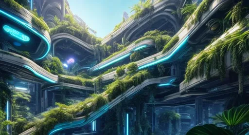 Prompt: Futuristic City Lush Green Overgrown Plants Light Blue Sky High Resolution