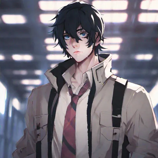 Prompt: young male yandere, tired blue eyes, heavy black bangs, pale skin, concept art, epic lighting, finely-tuned, octane rendering