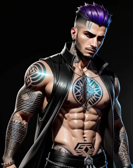 Prompt: perfect composition, {24 year old}, lean heavily tattooed {syrian man} gangster, wearing {long futuristic shirt}, {short spiked dyed hair}, {tribal tattoos}, peak fitness, determined expression, looking at viewer, 8k eyes, detailed face, wlop, stanley artgerm lau, artstation, hd, octane render, hyperrealism intricate details, 8k, cinematic volumetric light, proportional, art trending on artstation, sharp focus, studio photo, intricate details, highly detailed, intricate artwork masterpiece, ominous, intricate, epic, trending on artstation, highly detailed, vibrant, production cinematic character render, ultra high quality model, 