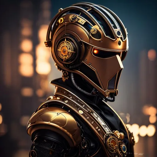 Prompt: Please produce a photograph of a steampunk robotic beautiful male android, brown skin, with fantasy colors, flashy lights, in a dark background, high quality, trending art, trending on artstation, sharp focus, studio photo, intricate details, highly detailed, UHD, HDR, 8K, ((Masterpiece))
